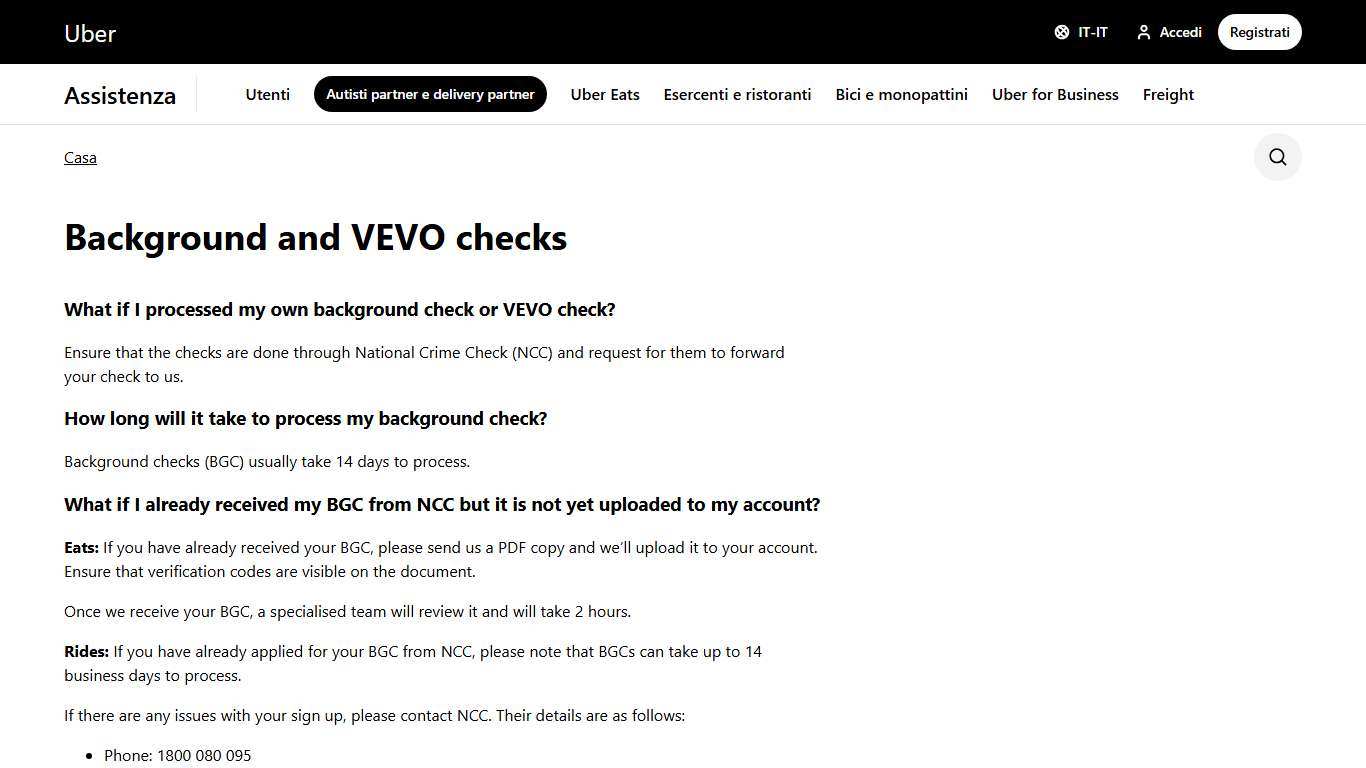 Background and VEVO checks Autisti partner e delivery partner Assistenza Uber